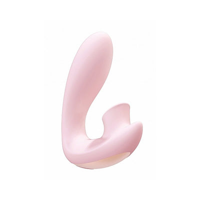Soft pink ergonomic vibrator with curved design and flexible tip for targeted stimulation, made of smooth medical-grade silicone.
