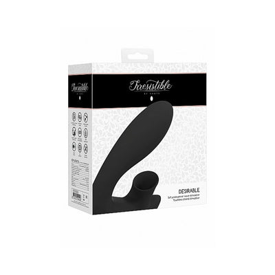 Packaging box of Shots Irresistible Desirable black silicone vibrator with dual stimulation design.