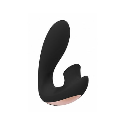 Black ergonomic dual-stimulation vibrator with smooth silicone finish and rose gold accent base.
