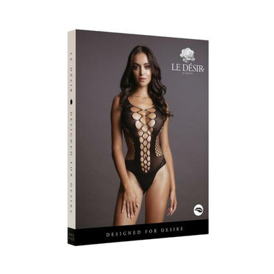 Packaging of Shots Le Desir Contrast Fence Net Teddy featuring a model in black netted bodysuit with circular cutouts.
