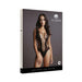 Packaging of Shots Le Desir Contrast Fence Net Teddy featuring a model in black netted bodysuit with circular cutouts.
