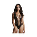 Woman wearing black contrast fence net teddy with deep-V neckline and cutout details on front and sides