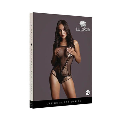Packaging of Shots Le Desir Contrast Net Teddy in black featuring a model wearing the sheer, stretch-fit teddy with shredded details.