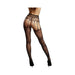 Back view of black fishnet crotchless pantyhose with cutout design and decorative striped pattern on legs