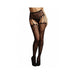 Black crotchless pantyhose with decorative striped cutouts and fishnet pattern on model legs