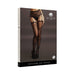 Packaging of black crotchless fishnet pantyhose with decorative cutouts and striped pattern on legs