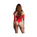 Back view of a woman wearing a red crotchless teddy with lace 3/4 sleeves and rhinestone embellishments.