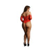Plus size model wearing a red crotchless lace teddy with off-shoulder 3/4 sleeves and high heels, shown from the back.