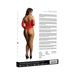 Back view of a woman wearing a red crotchless teddy with lace 3/4 sleeves and rhinestone embellishments on packaging.