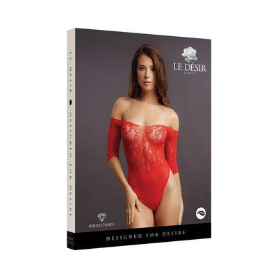 Packaging of Le Desir red crotchless lace teddy with 3/4 sleeves and rhinestone details modeled on front.