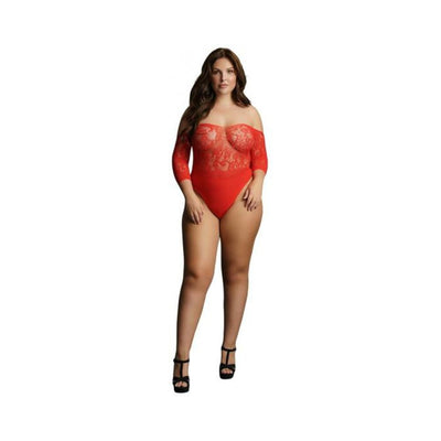 Plus size model wearing a red crotchless lace teddy with 3/4 sleeves and off-shoulder design paired with black high heels.