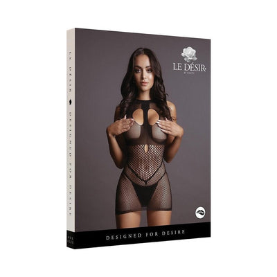 Packaging of Shots Le Desir Duo Open Cup Mini Dress featuring a model in a black fishnet mini dress with open cup design and high neck detail.