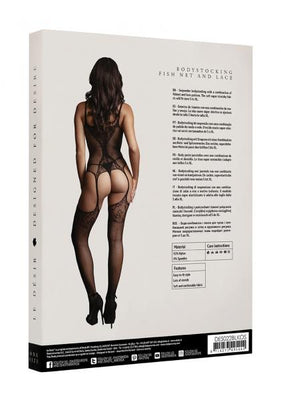 Back view of a model wearing a black fishnet and lace suspender bodystocking with high heels on product packaging.