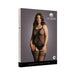 Plus size model wearing black fishnet and lace suspender bodystocking with floral patterns on packaging box.