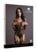 Packaging image of a black fishnet and lace suspender bodystocking modeled on a woman against a gray background.