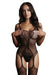 Woman wearing black fishnet and lace suspender bodystocking with floral patterns and adjustable straps.