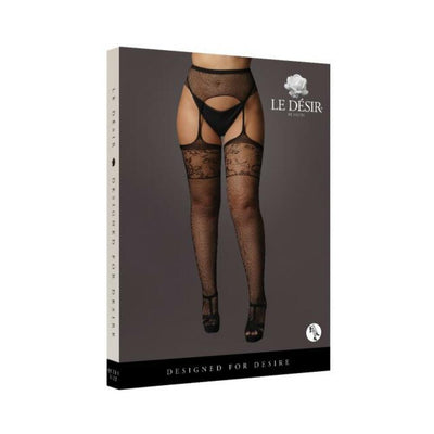 Black fishnet garterbelt stockings with lace top displayed on a model, packaged in a sleek box.