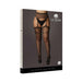 Black fishnet garterbelt stockings with lace top displayed on a model, packaged in a sleek box.