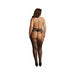 Plus size model wearing black fishnet garterbelt stockings with open back and backseam detail, shown from behind.