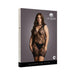 Packaging image of Shots Le Desir black lace high neck mini dress on plus size model against gray background