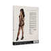 Packaging of Shots Le Desir high neck lace mini dress featuring a model wearing the black lace dress with open back and high heels.
