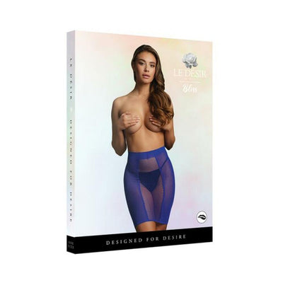 Packaging image of a model wearing a high-waist blue fishnet skirt from Shots Le Desir collection.