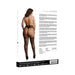 Back view of model wearing black striped suspender pantyhose on product packaging with care and material details.