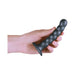 Hand holding a 5-inch gunmetal gray beaded silicone G-spot dildo with a strong suction cup base.