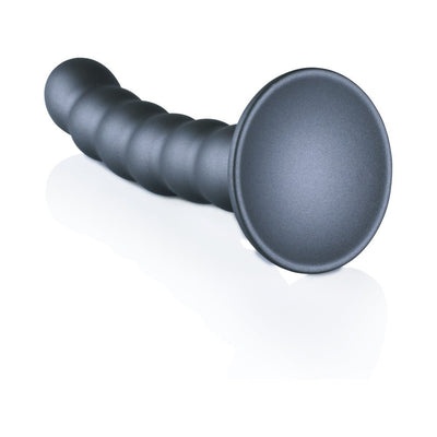 Gunmetal gray 5-inch beaded silicone G-spot dildo with strong suction cup base on white background.