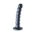 Gunmetal gray 5-inch beaded silicone G-spot dildo with suction cup base on white background.