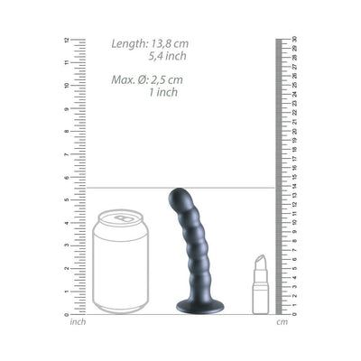 Gunmetal gray 5.4-inch beaded silicone G-spot dildo with suction base shown with size comparison to can and lipstick.