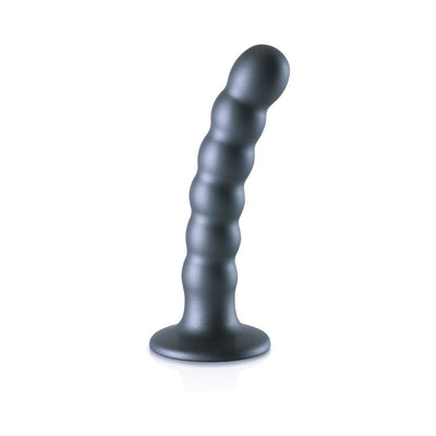 Gunmetal gray beaded silicone G-spot dildo with suction cup base, 5 inches long and curved design.