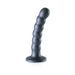 Gunmetal gray beaded silicone G-spot dildo with suction cup base, 5 inches long and curved design.