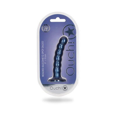 Metallic blue beaded silicone G-spot dildo in clear packaging with Ouch! branding and product details.