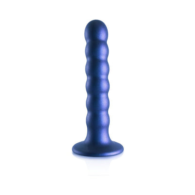Metallic blue 5-inch beaded silicone G-spot dildo with suction cup base on white background.