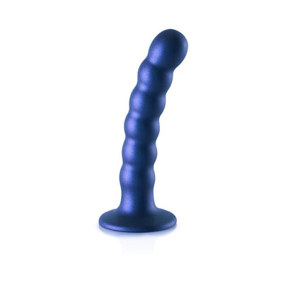 Metallic blue beaded silicone G-spot dildo with curved shape and suction cup base.