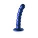 Metallic blue beaded silicone G-spot dildo with curved shape and suction cup base.