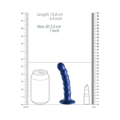 Metallic blue beaded silicone G-spot dildo with suction base shown next to size comparison of soda can and lipstick.