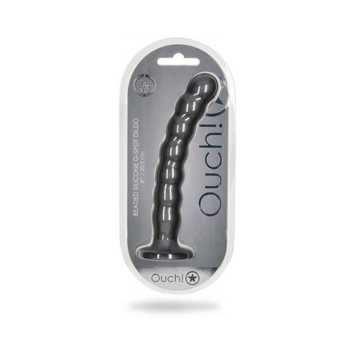 Gunmetal gray beaded silicone 8-inch G-spot dildo in clear retail packaging with suction base.