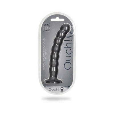 Gunmetal gray beaded silicone 8-inch G-spot dildo in clear retail packaging with suction base.