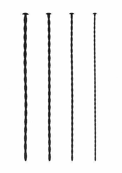 Set of four black silicone spiral urethral sounding plugs in varying thicknesses with flat rounded heads for safe use.