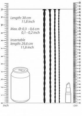 Diagram showing four black spiral silicone urethral sounding plugs with measurements and size comparison to a soda can and lipstick.