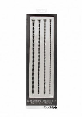 Set of four black silicone spiral urethral sounding plugs in graduated sizes, neatly arranged in a black and white display box.