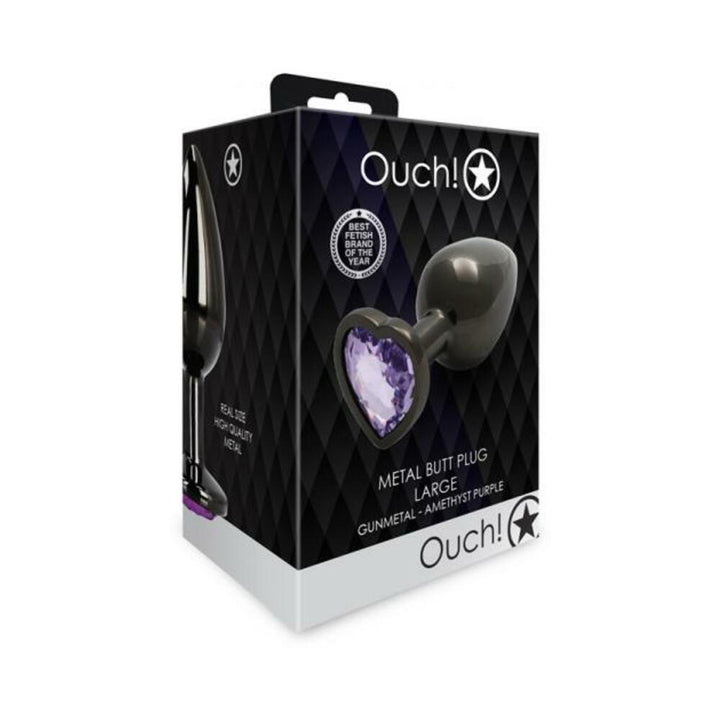 Packaging box of Shots Ouch! large gunmetal metal butt plug with amethyst purple heart-shaped jewel base.