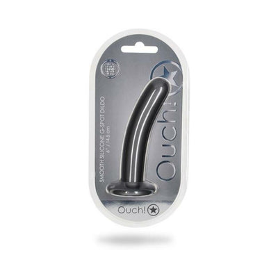 Gunmetal smooth silicone 6-inch G-spot dildo with suction base in clear packaging labeled Ouch!