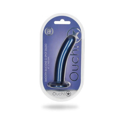 Metallic blue smooth silicone 6-inch G-spot dildo with suction base in clear packaging on blue background.
