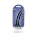 Metallic blue smooth silicone 6-inch G-spot dildo with suction base in clear packaging on blue background.