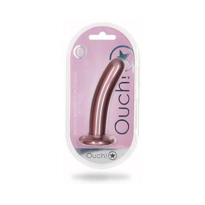 Rose gold smooth silicone 6-inch G-spot dildo with suction base in clear retail packaging.