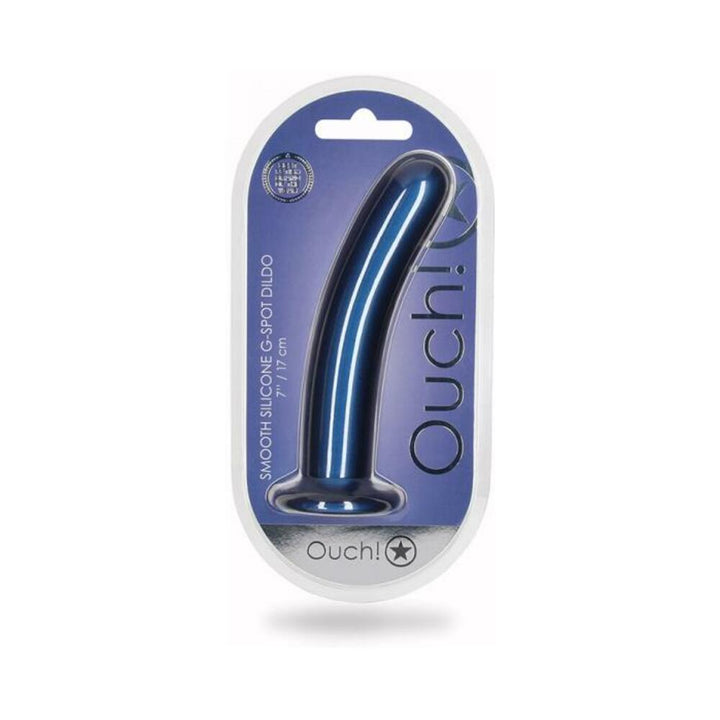 Metallic blue smooth silicone 7-inch G-spot dildo with suction base in clear retail packaging.