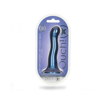 Blue metallic 7-inch curvy G-spot dildo in clear blister packaging with purple backing and Ouch! branding.